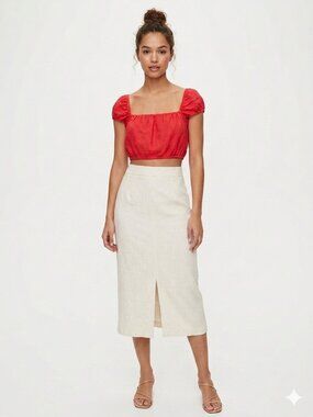 *Wilfred Coral Red Puff Sleeve Crop Top Organic Linen Elastic Hem M